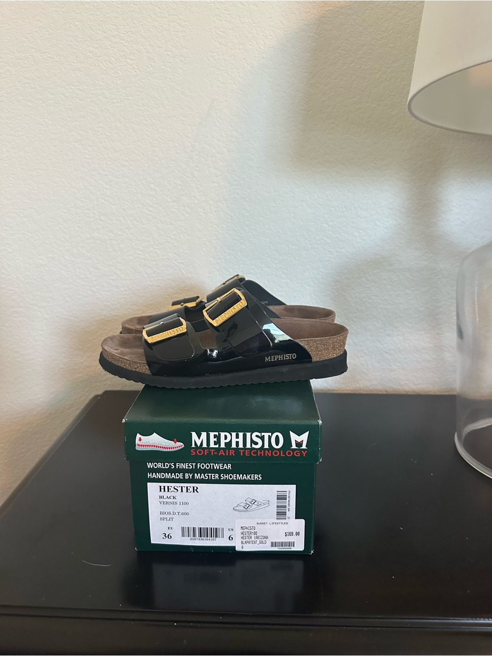 Mephisto Women’s Black Patent Double-Buckle Sandal with Gold Buckles
